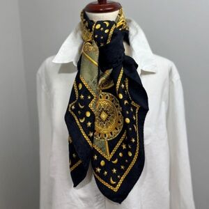 Vintage Fabris Venezia Silk Scarf Sun Moon Gold Baroque Print 1990s